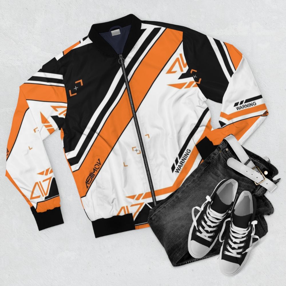 A bomber jacket with the iconic CSGO Asiimov skin design in shades of orange and black. - Flat lay