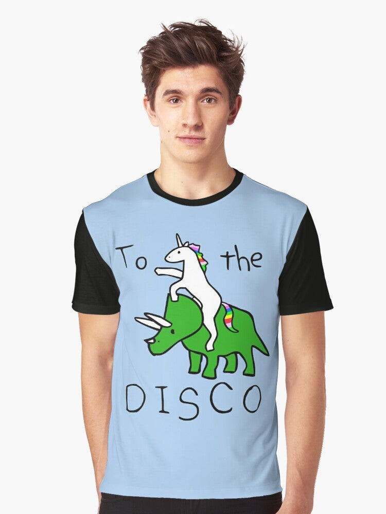 A graphic t-shirt design featuring a unicorn riding a triceratops in a disco setting. - Men