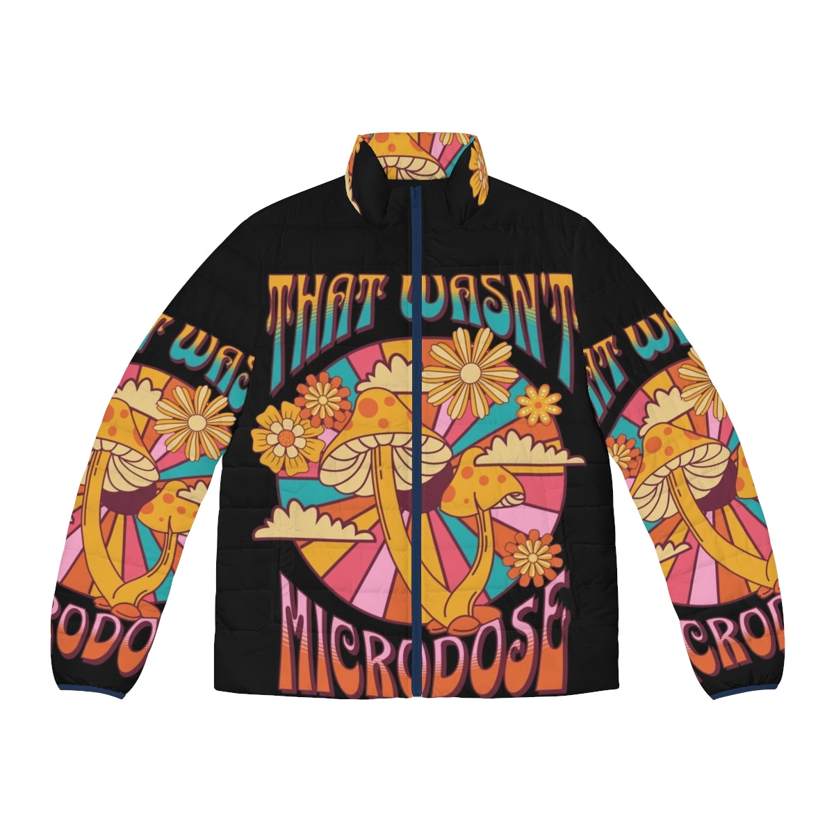 Psychedelic puffer jacket with vibrant, trippy patterns inspired by mushrooms and microdosing