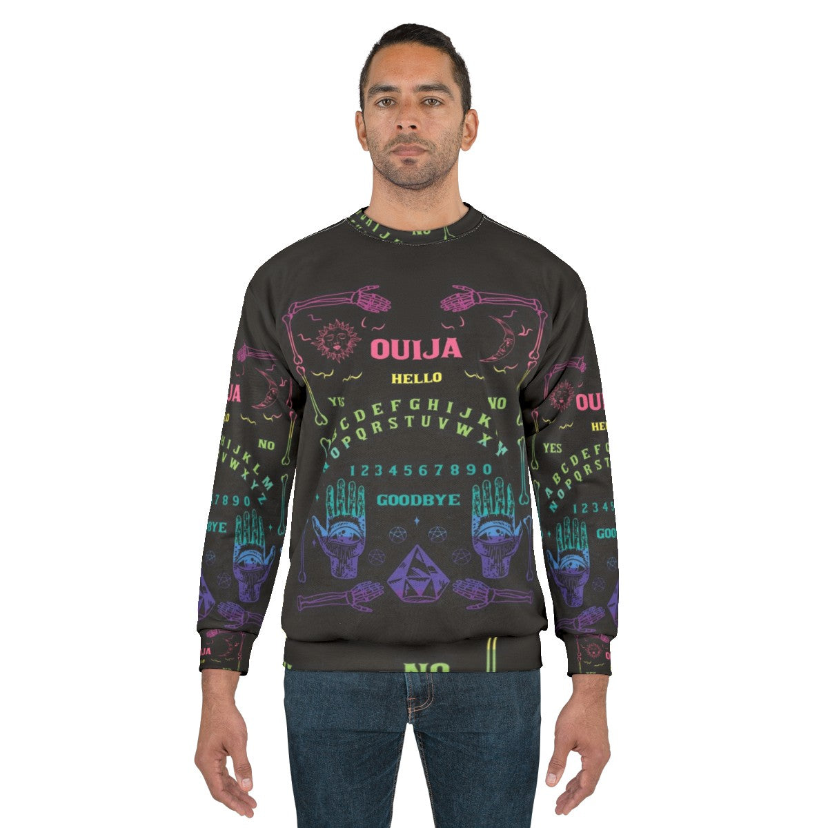 Colorful rainbow ouija board graphic on a sweatshirt - men