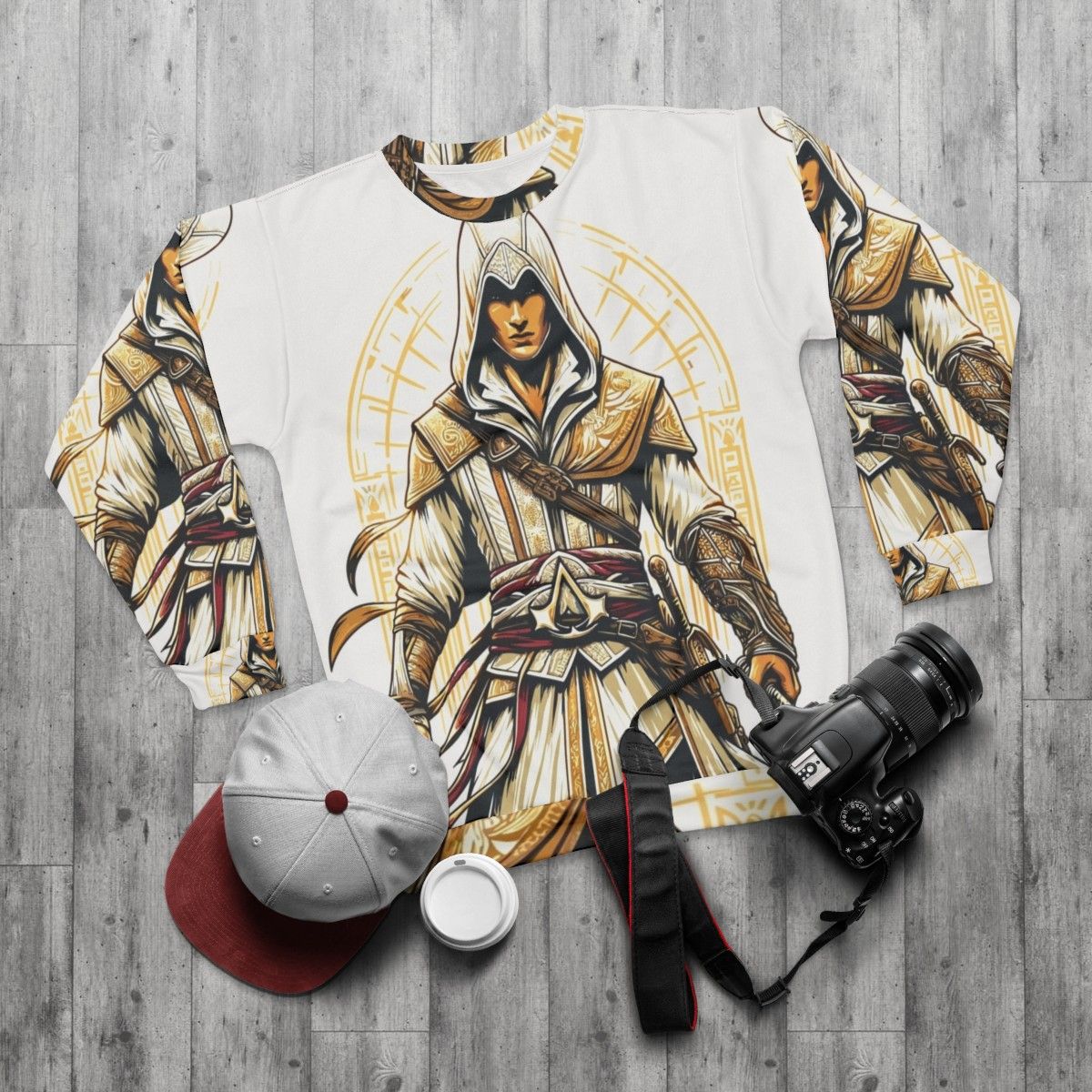 Assassins Creed Sweatshirt with Assassin In Action and Bright Colors - flat lay