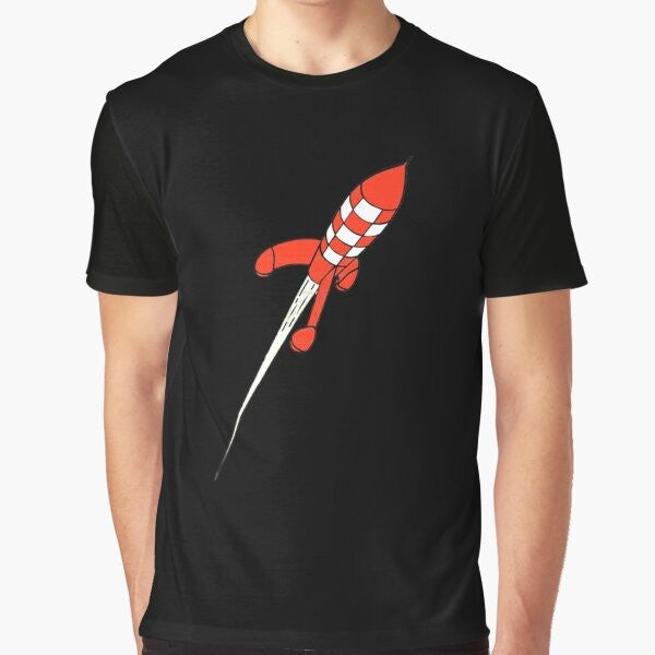 Graphic t-shirt featuring the iconic character Tintin and a rocket ship on the moon