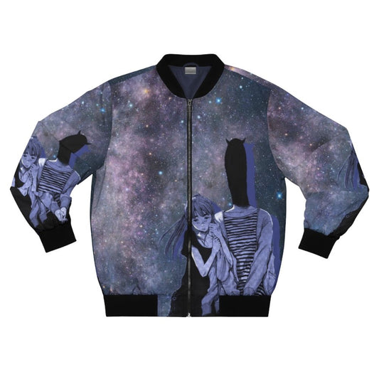 A bomber jacket featuring a starry night sky design, inspired by astronomy and astrophysics.