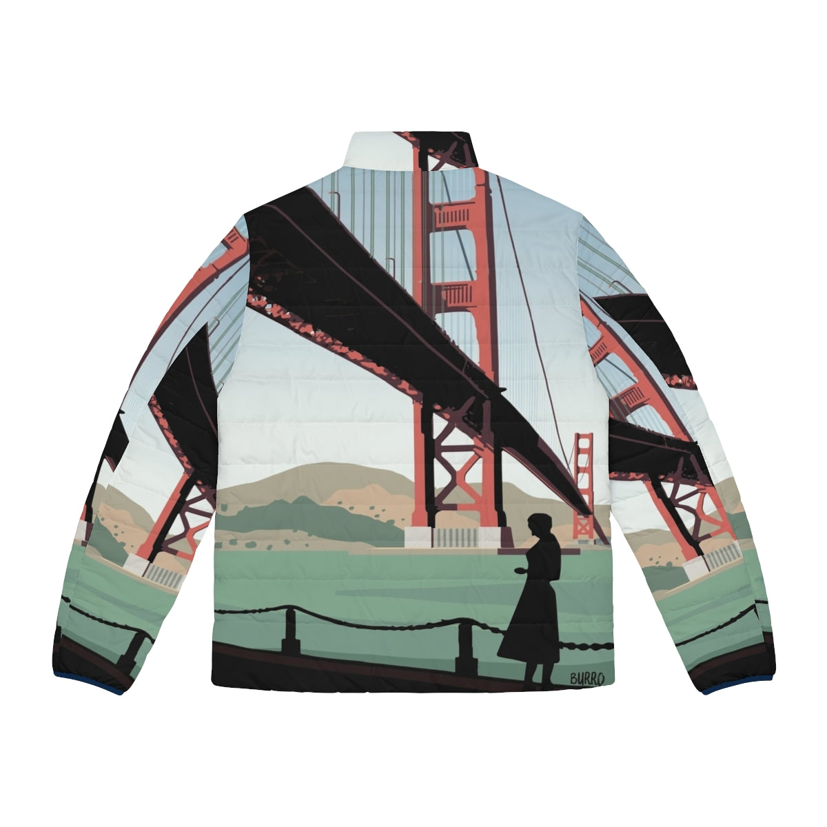 Vertigo inspired puffer jacket with black and white illustration of Alfred Hitchcock's iconic film - Back