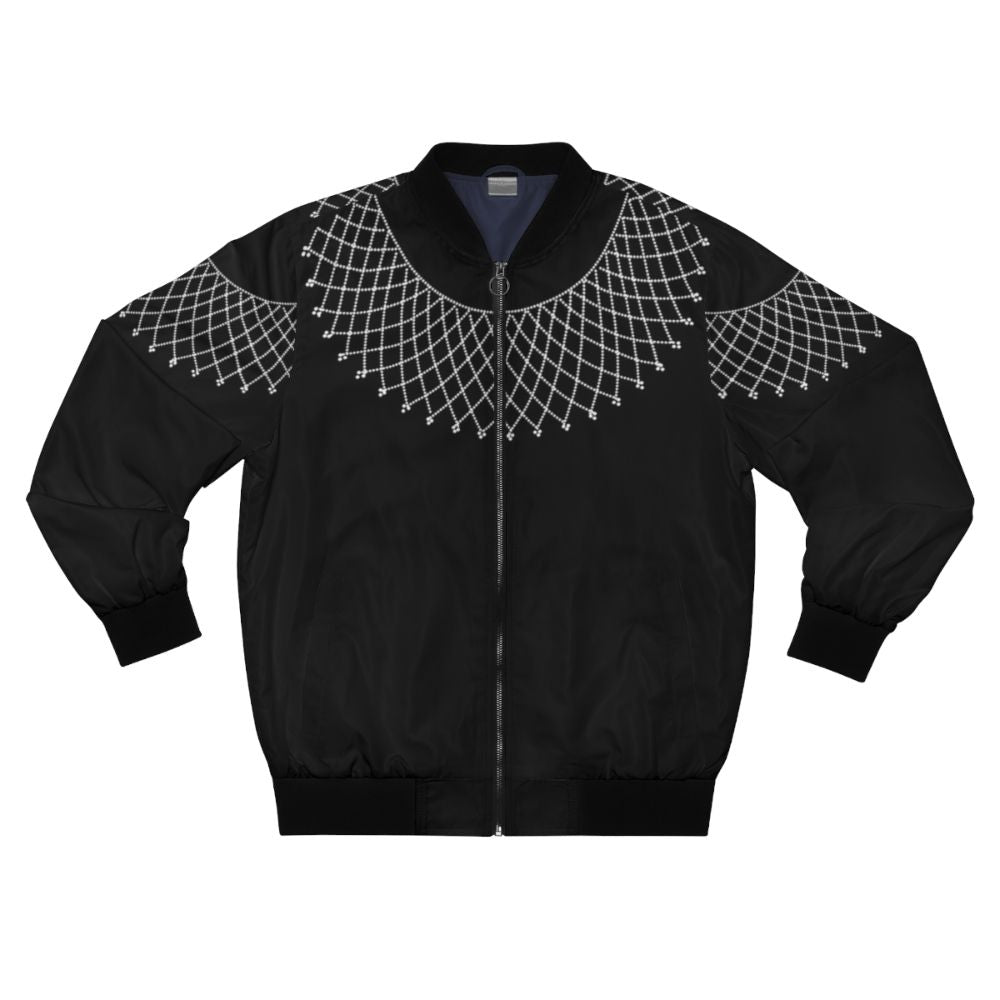 A bomber jacket featuring a beaded collar with the RBG (Ruth Bader Ginsburg) design, representing the feminist and liberal ideals of the Supreme Court justice.