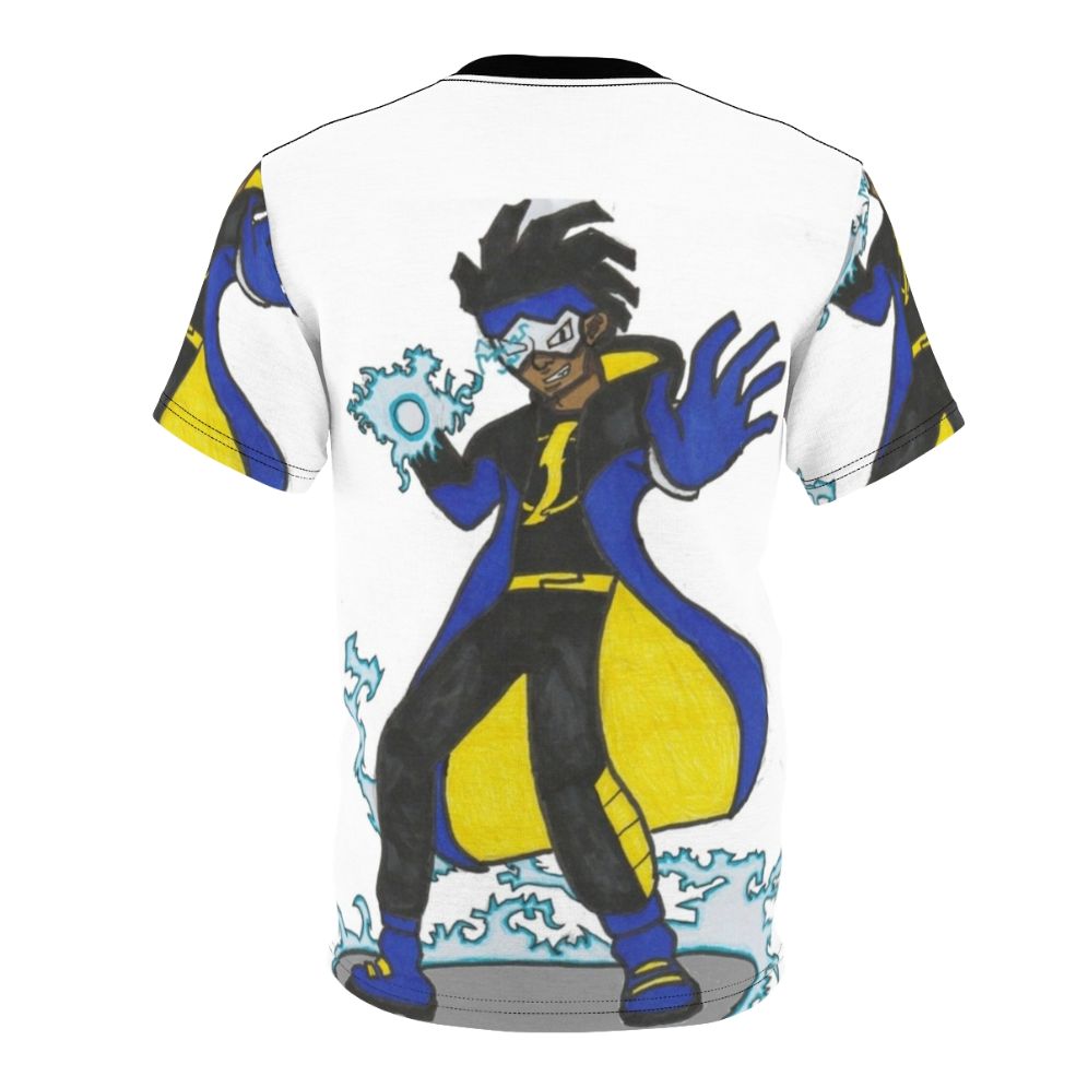 Stylized Static Shock inspired t-shirt design featuring a pop art style black superhero character - Back