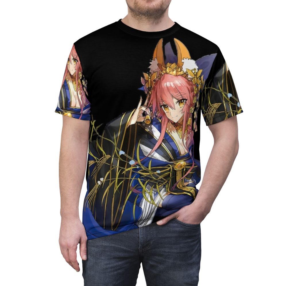 Stylized illustration of Tamamo No Mae, a character from Japanese folklore, featured on a t-shirt. - men front