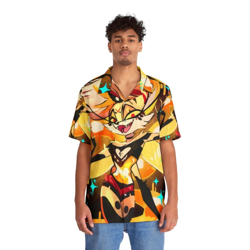 Badass Beelzebub Helluva Boss Hawaiian Shirt featuring a vibrant tropical design with bees, demons, and fiery elements - People Front