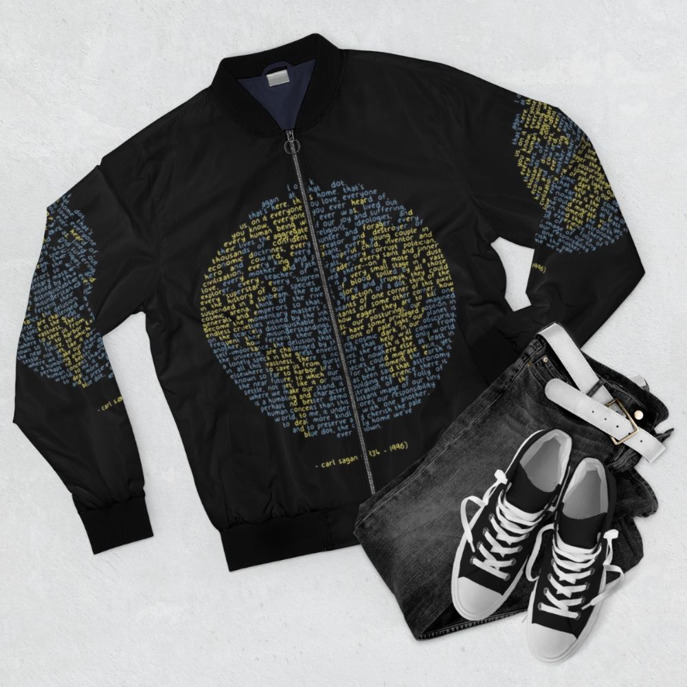 Pale blue bomber jacket with 'Pale Blue Dot' design, inspired by Carl Sagan's iconic image of Earth. - Flat lay