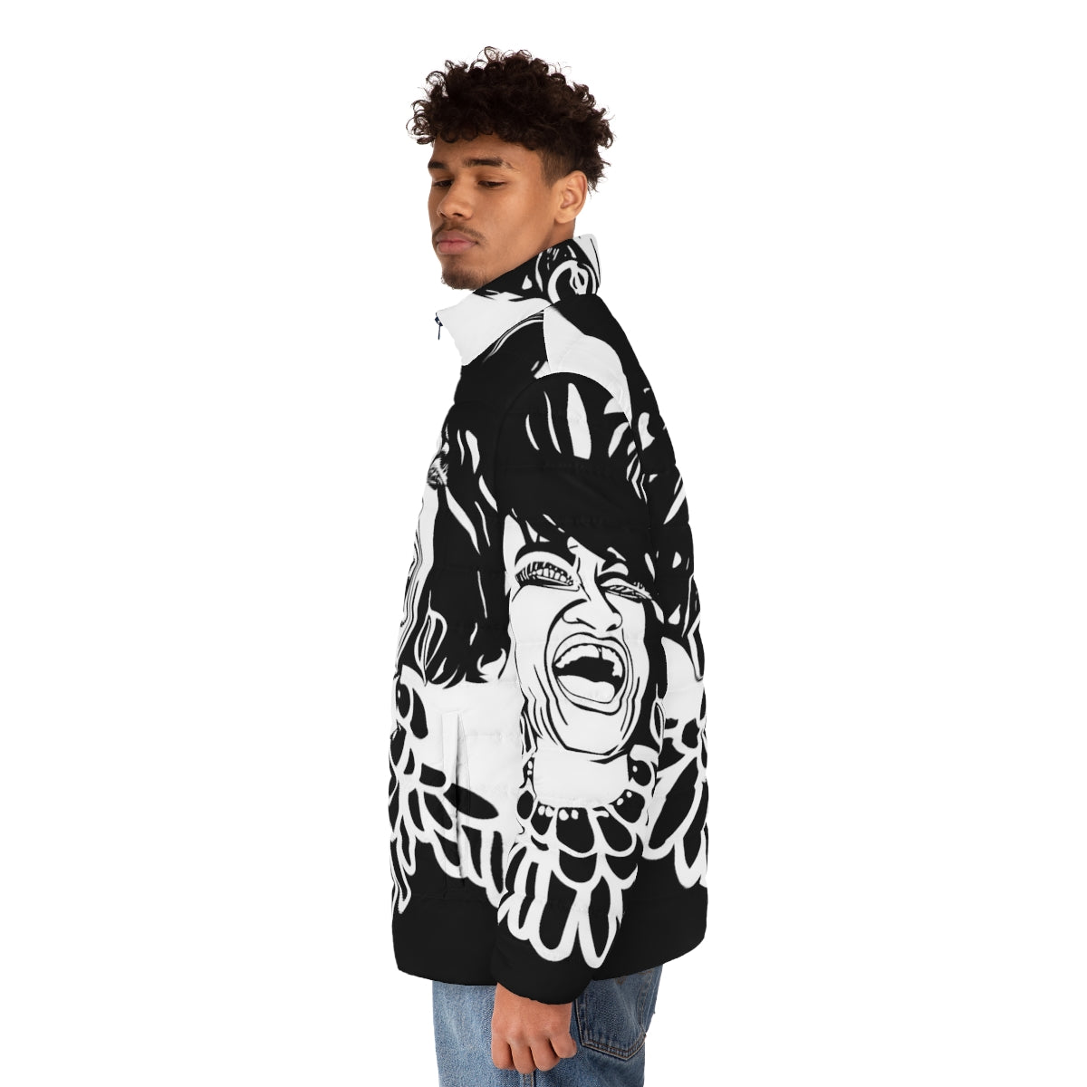 Celia Cruz Puffer Jacket featuring a black and white screenprint portrait of the iconic Cuban singer - men side left