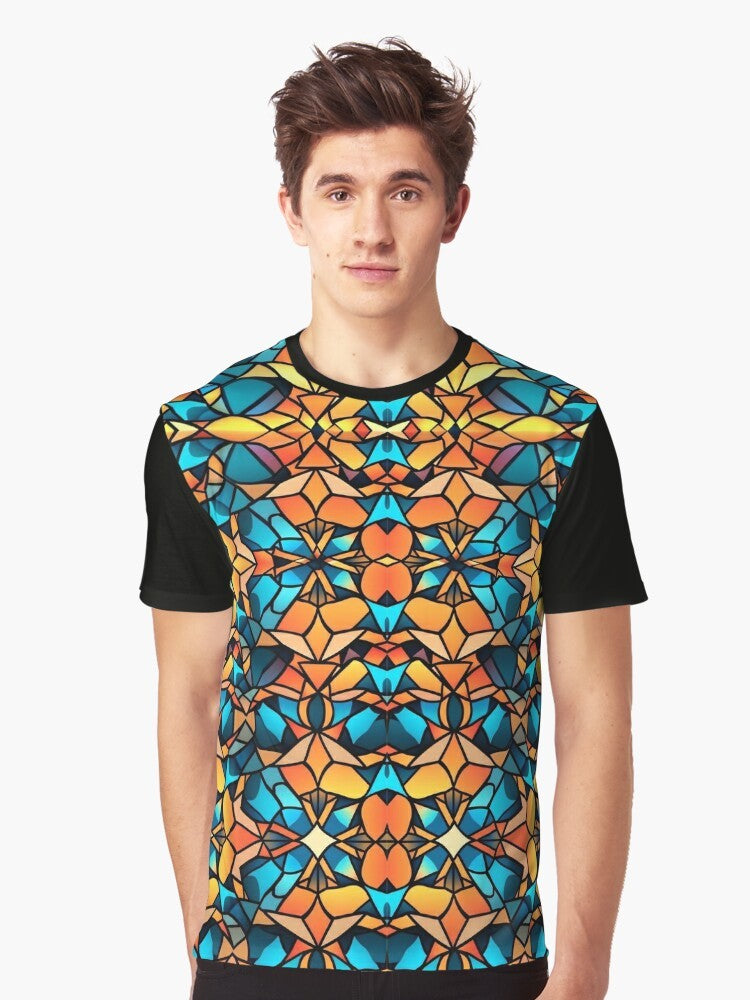 Vibrant kaleidoscope graphic t-shirt, ideal for pilates, yoga, and other fitness activities. - Men