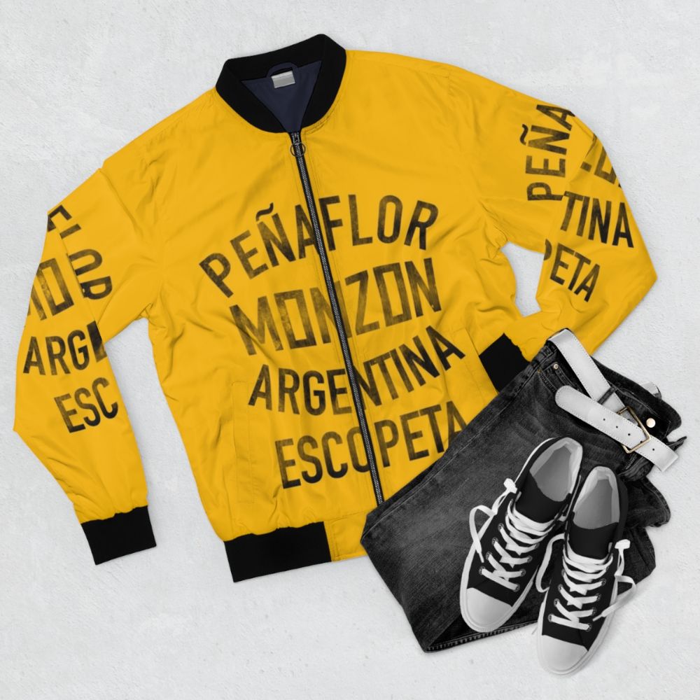Vintage minimalist bomber jacket featuring a graphic design of Carlos Monzon, the legendary Argentine boxer. - Flat lay