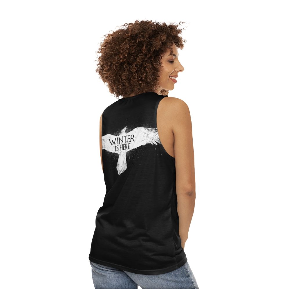 Winter Is Here Unisex Tank Top with White Raven Design - women back