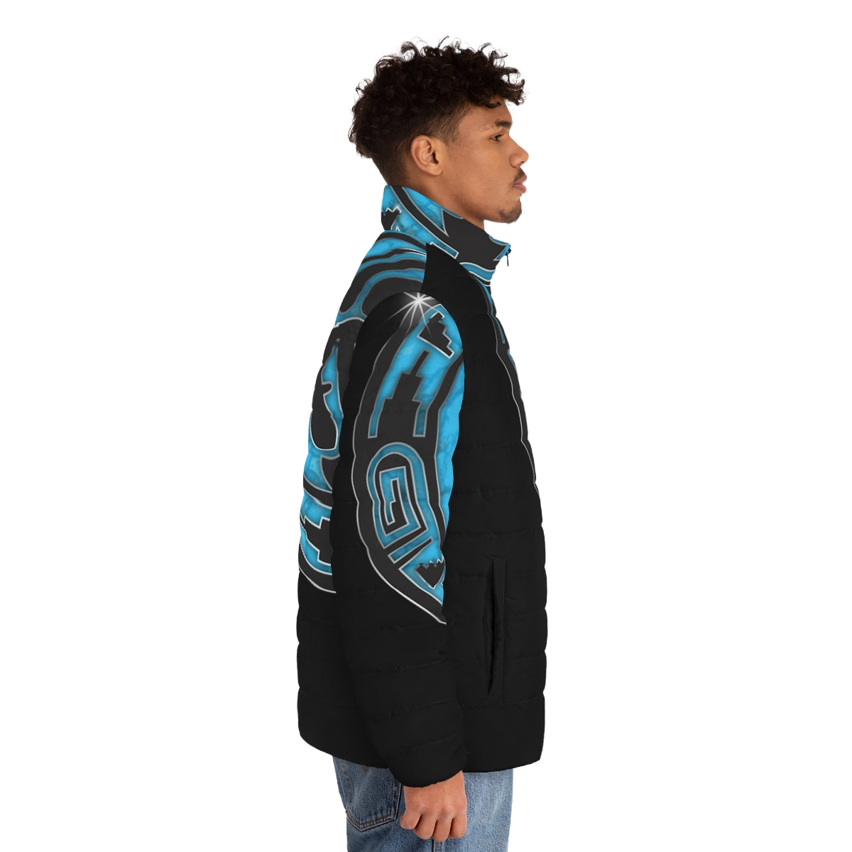 Hopi bear paw turquoise puffer jacket with native american cultural design - men side right