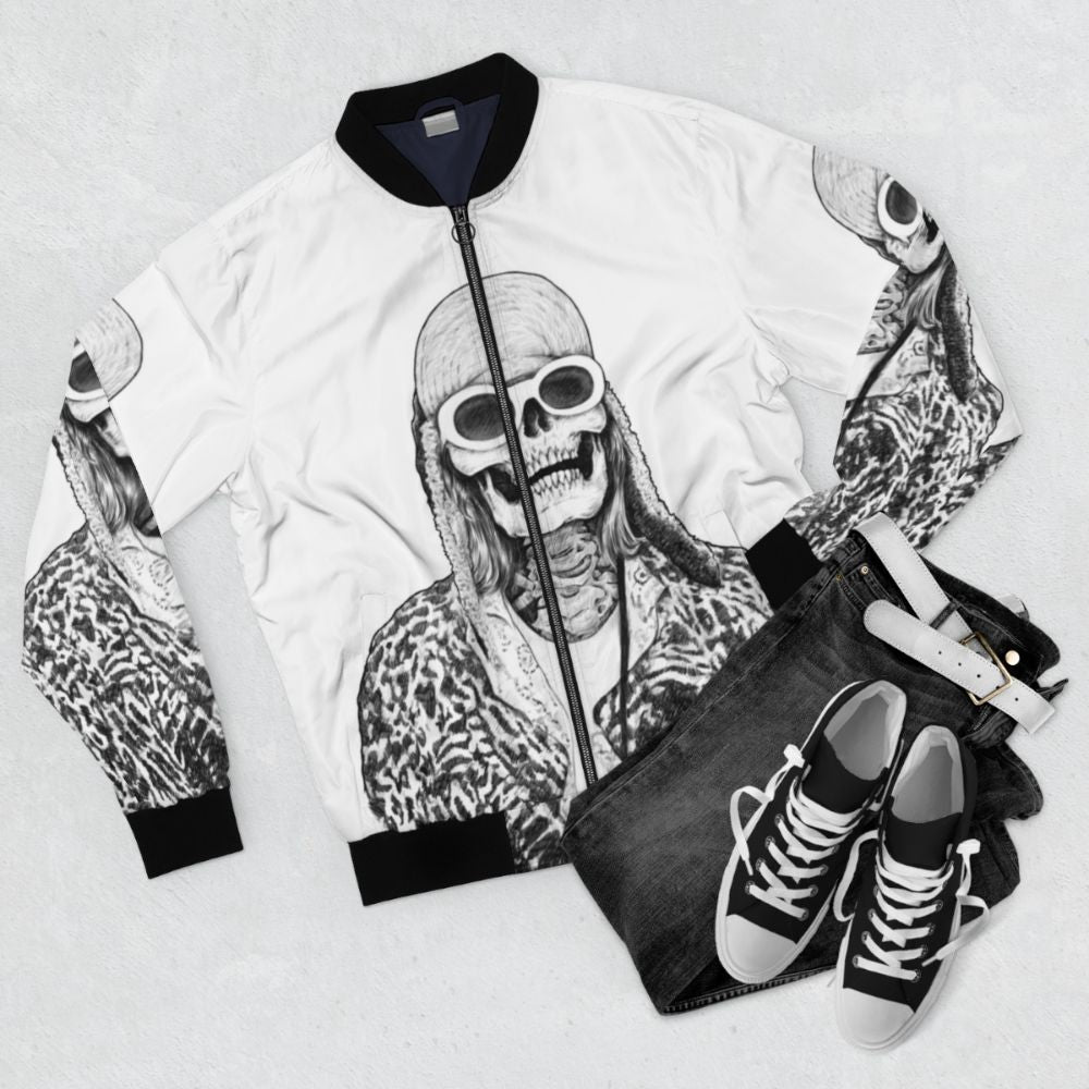 Kurt Cobain Nirvana-inspired bomber jacket with skull and crossbone graphic - Flat lay