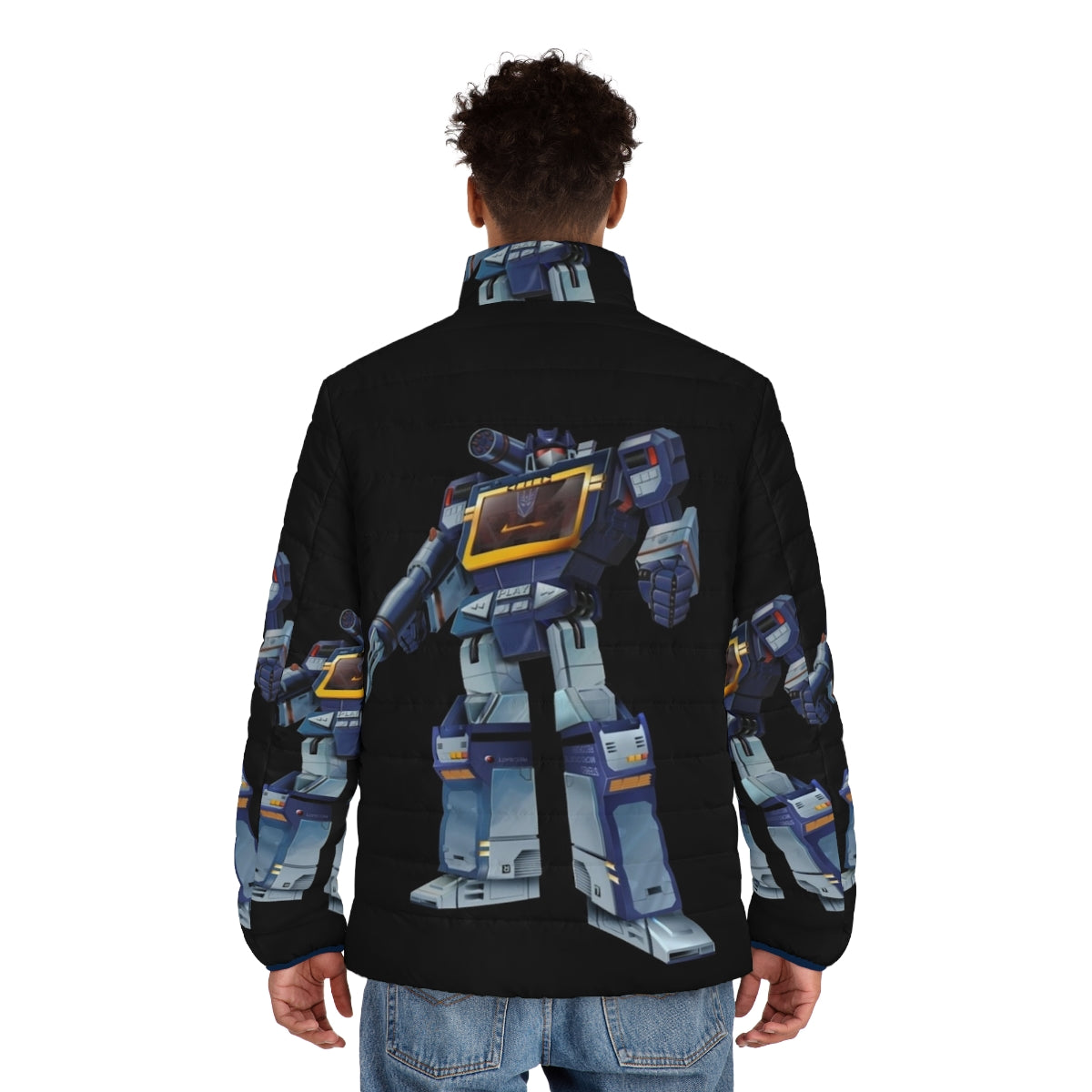 Masterpiece Soundwave Transparent Puffer Jacket with Transformers Decepticon Design - men back