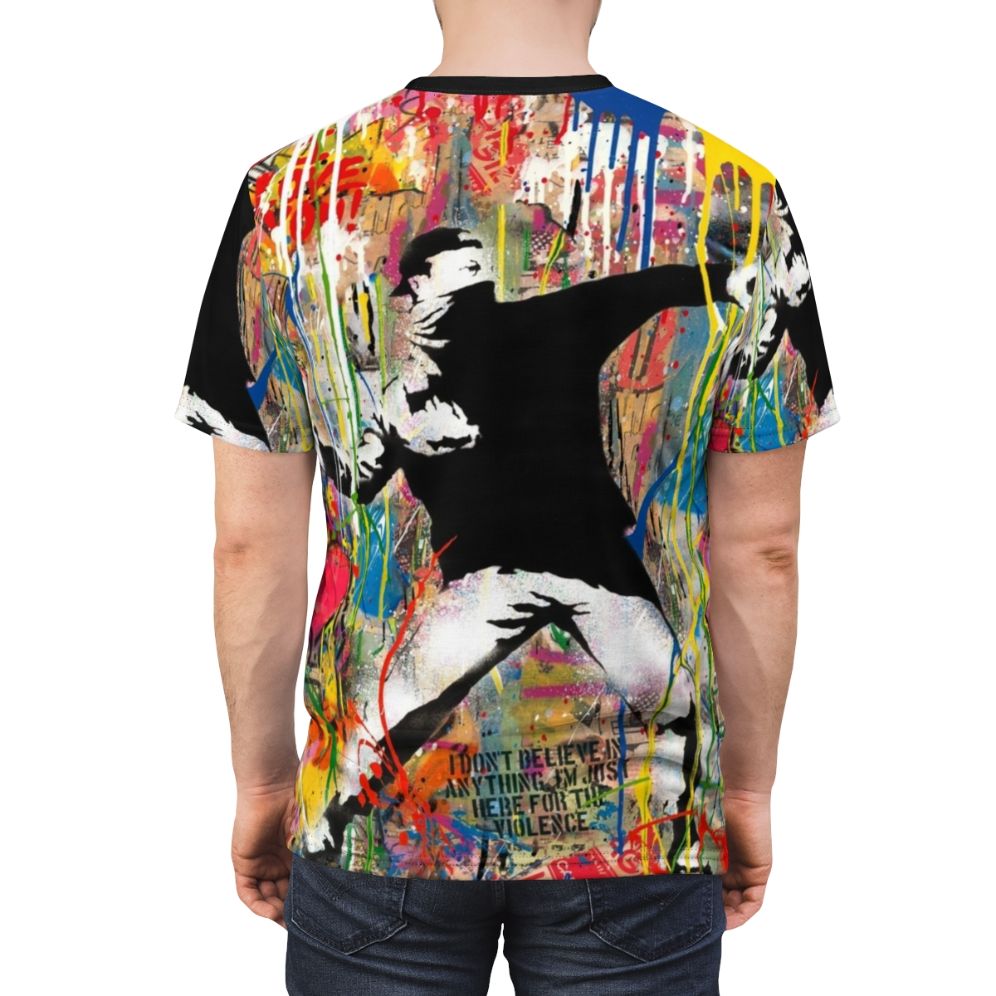 Colorful Banksy-inspired pop art design on a t-shirt - men back