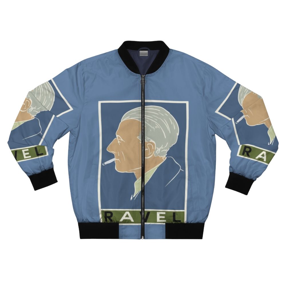 Vintage-style bomber jacket featuring the name and image of classical music composer Maurice Ravel