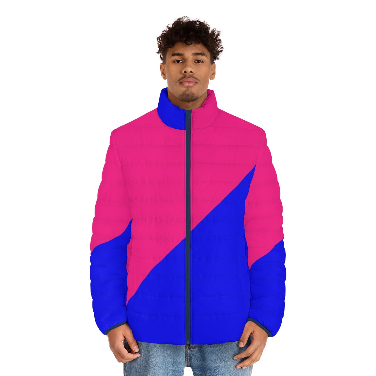 Woman wearing a pink and blue half and half puffer jacket by Enid Guinn for littlefluff545 - men front