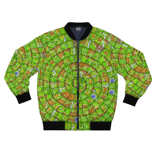 Carcassonne-inspired bomber jacket featuring board game motifs