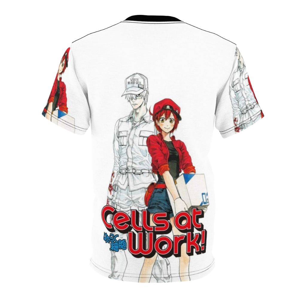 Illustrated t-shirt design featuring anime-style cells from the "Cells at Work" manga and anime series - Back