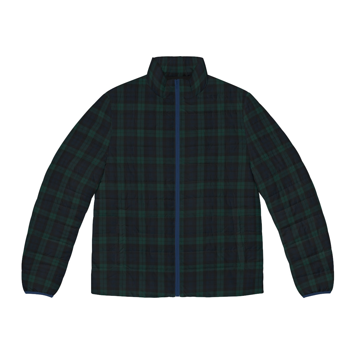 Green and blue tartan plaid puffer jacket