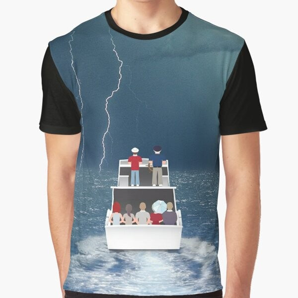 Graphic t-shirt featuring the iconic Gilligan's Island crew and their shipwrecked cruise on the SS Minnow