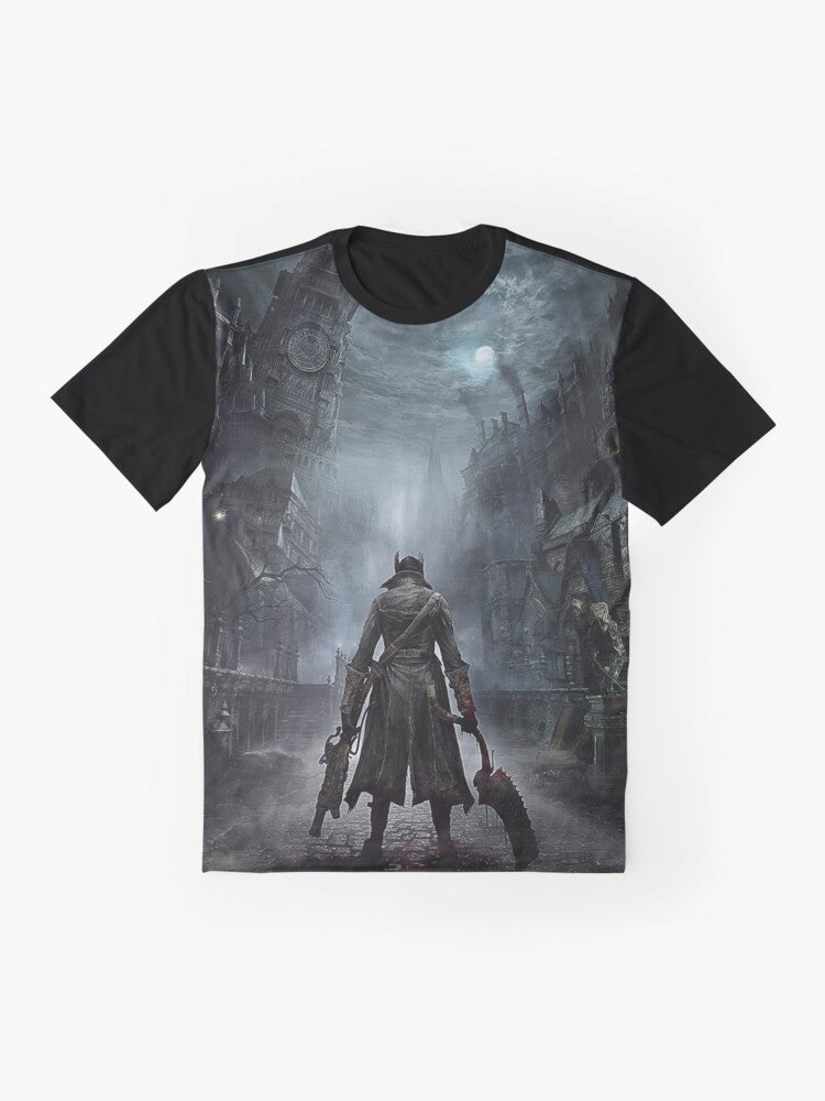 Bloodborne-inspired graphic t-shirt featuring dark fantasy and horror imagery - Flat lay