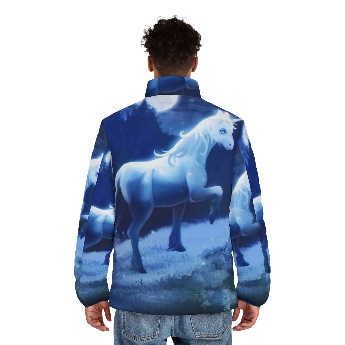 The Last Unicorn Puffer Jacket featuring a whimsical unicorn design - men back