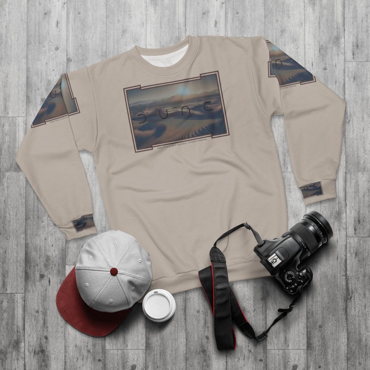 Dune-inspired desert planet sweatshirt with two moons - flat lay