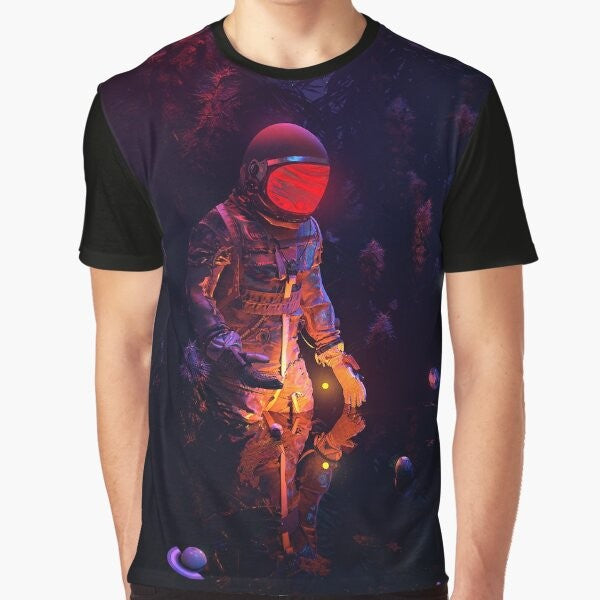 Stellar space graphic t-shirt featuring a cosmic, surreal design with planets, stars, and a celestial landscape.