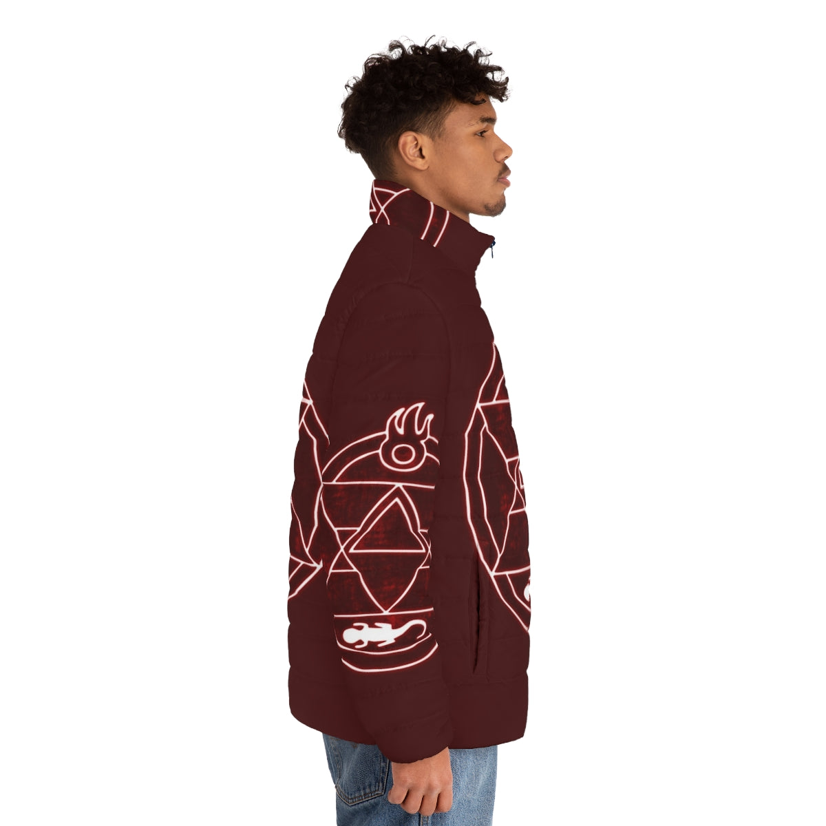 Flame Alchemist Puffer Jacket with Alchemy Motif - men side right