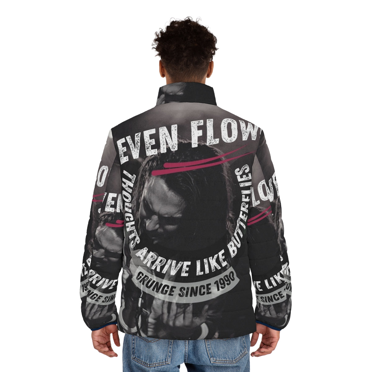 Grunge-inspired puffer jacket featuring Eddie Vedder and Pearl Jam's "Ten" album artwork - men back