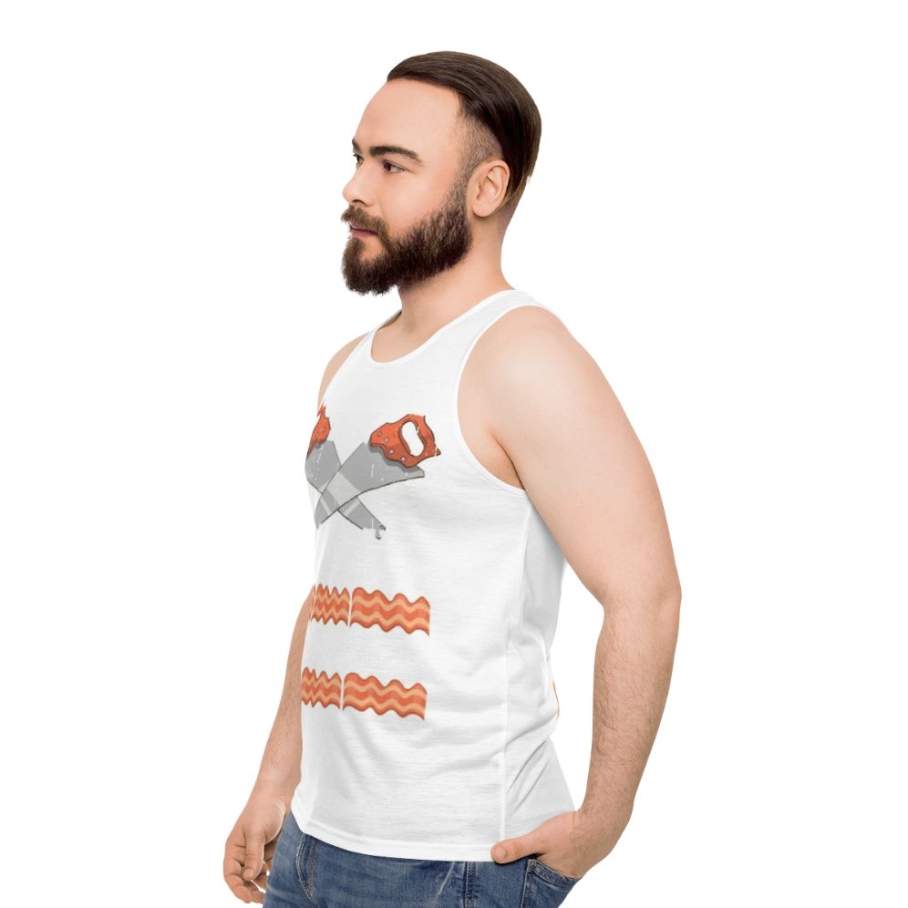 Unisex carpenter tank top with "The Bacon of Hobbies" design - men side