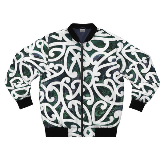 Maori Paua Bomber Jacket featuring traditional Polynesian art and paua shell patterns