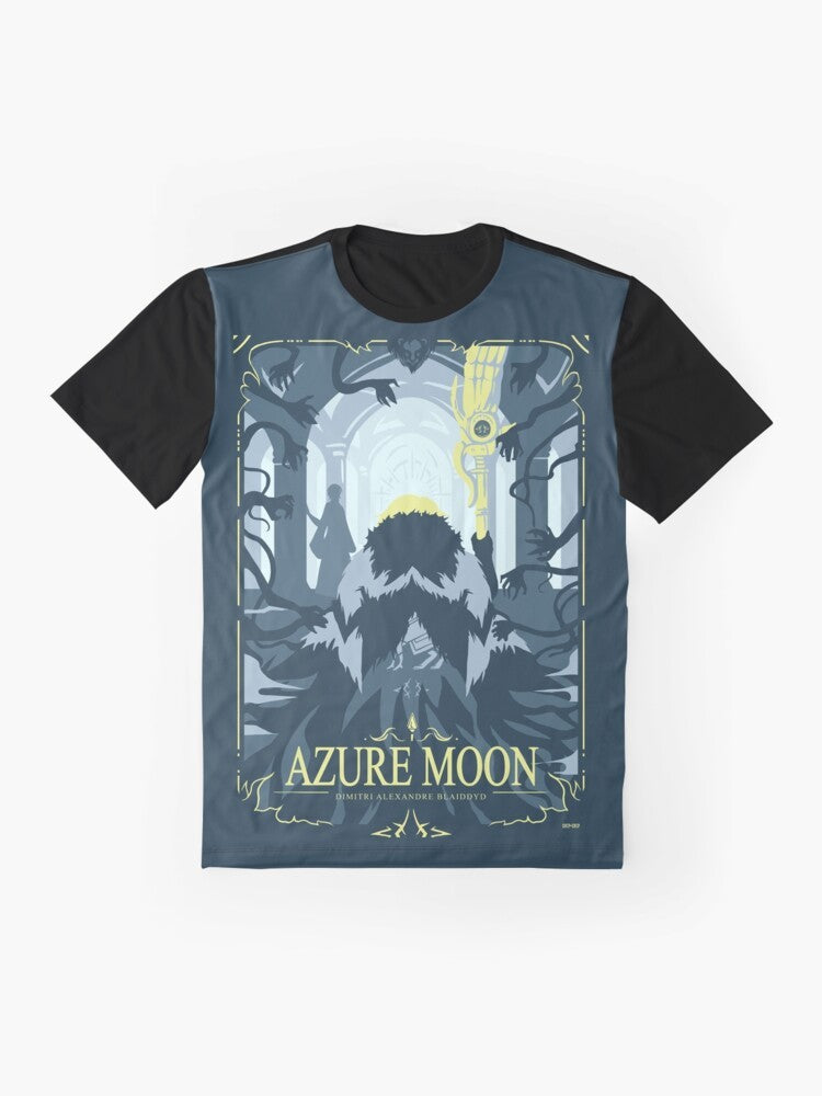 Azure Moon Fire Emblem Three Houses graphic t-shirt featuring characters Byleth, Claude von Riegan, Dimitri Alexandre Blaidd, and Edelgard von Hresvelg. - Flat lay