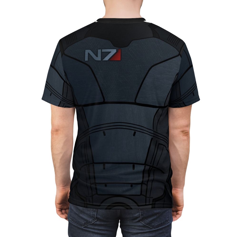 Futuristic Mass Effect inspired power armor t-shirt design featuring Commander Shepard's iconic N7 armor - men back