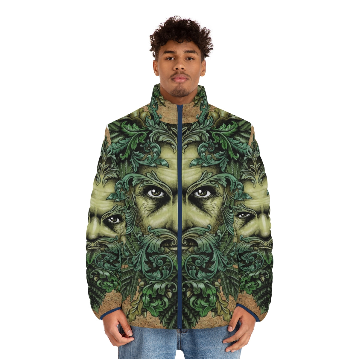 Green Man puffer jacket with ornate leaf and scroll design - men front