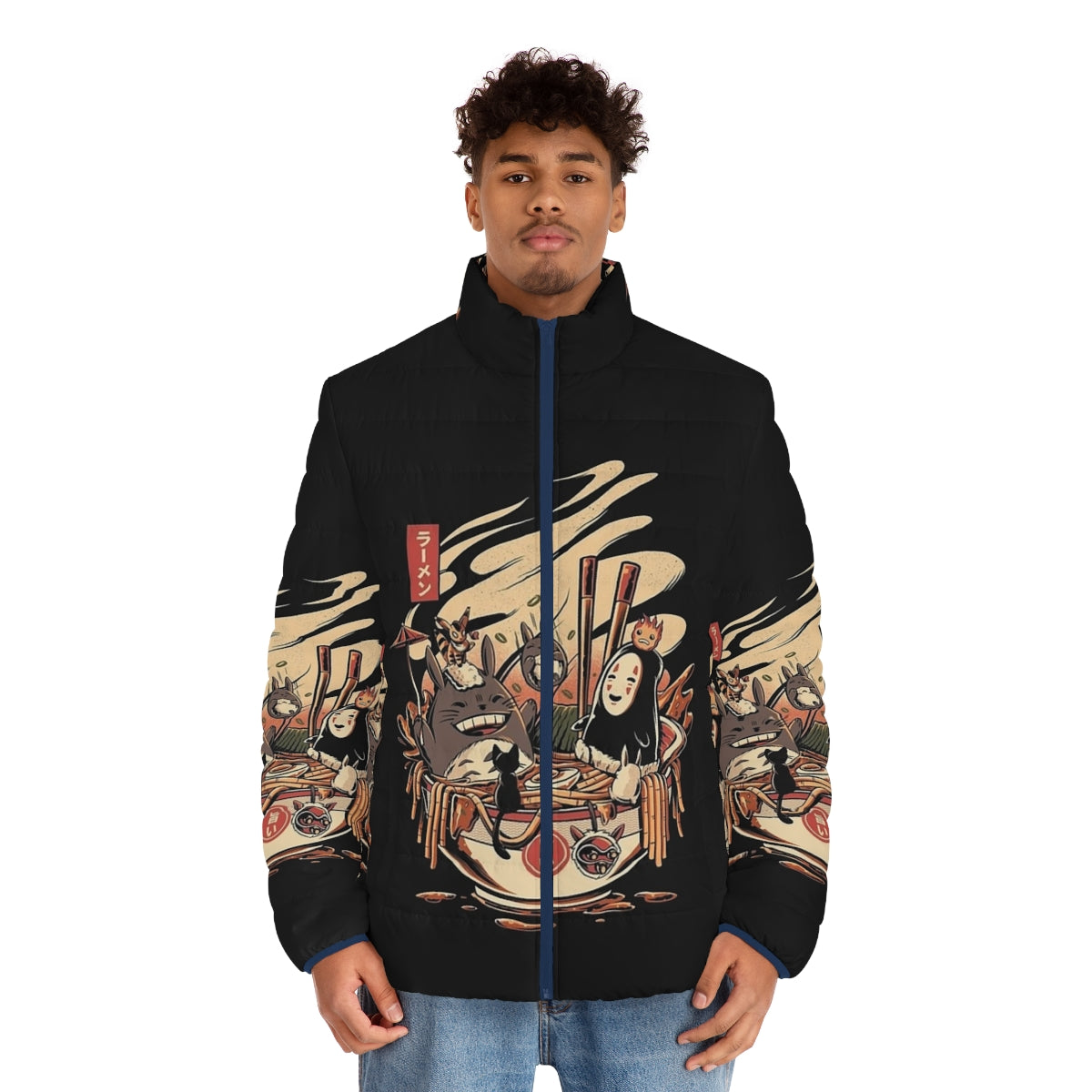 Ramen noodle puffer jacket with anime-inspired design - men front