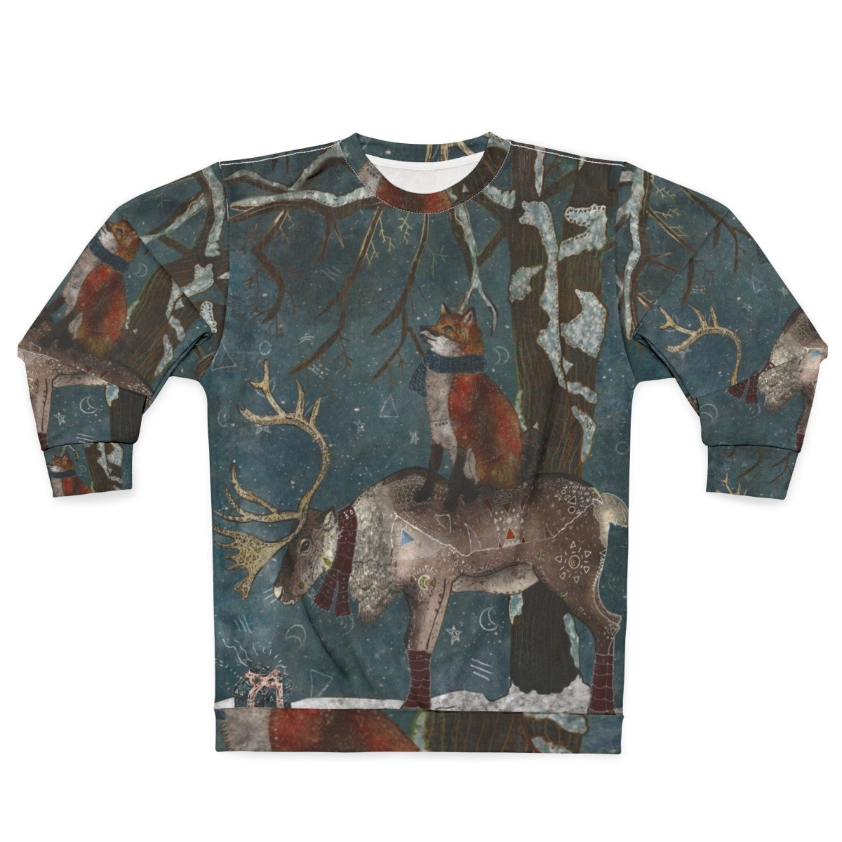 Cozy winter tale sweatshirt featuring a magical fairytale design with snow, trees, and woodland animals