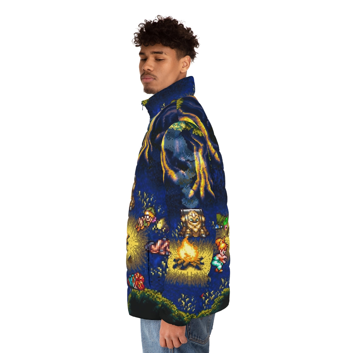 Chrono Trigger inspired retro pixel art puffer jacket - men side left