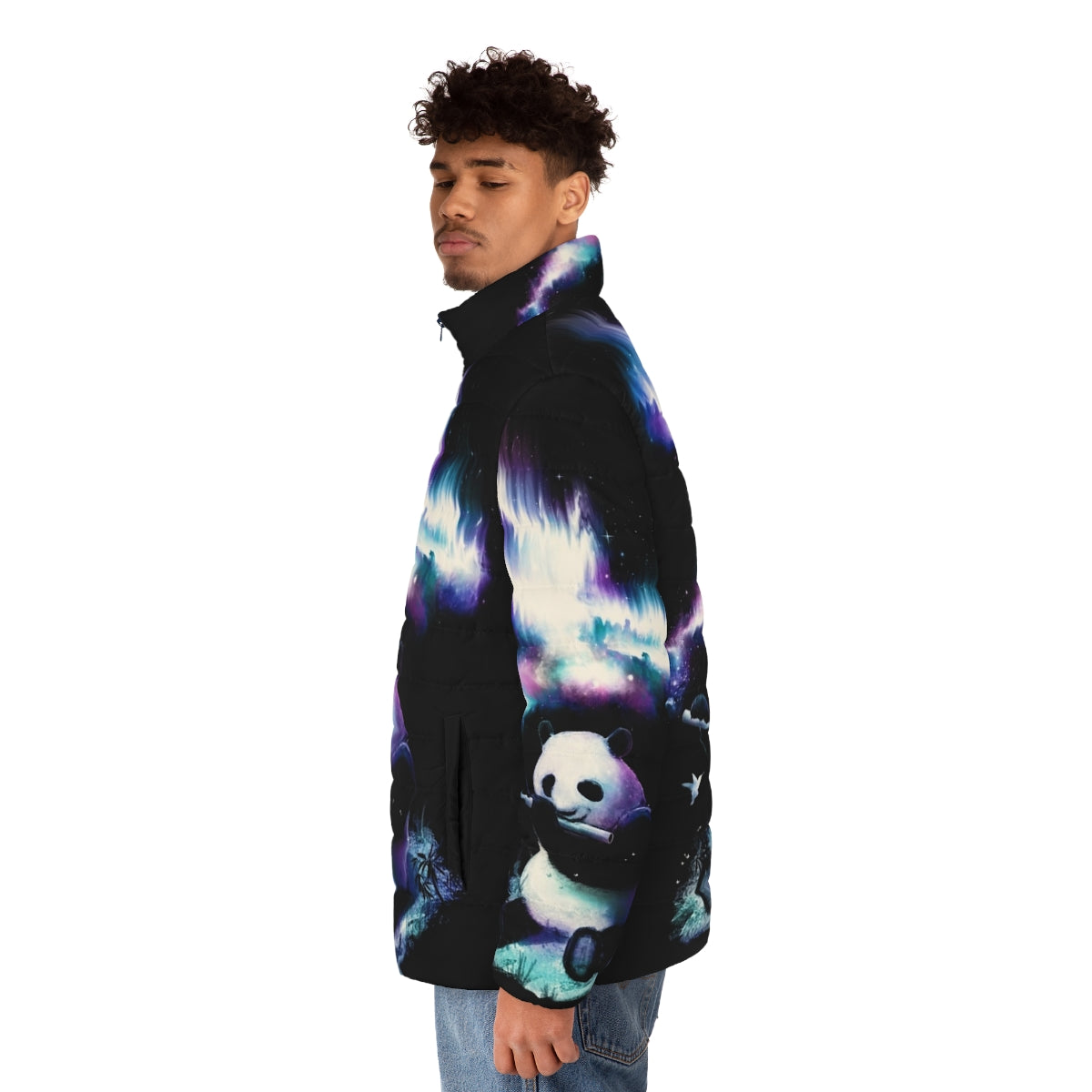 Puffer jacket with galaxy, universe, and musical elements design - men side left