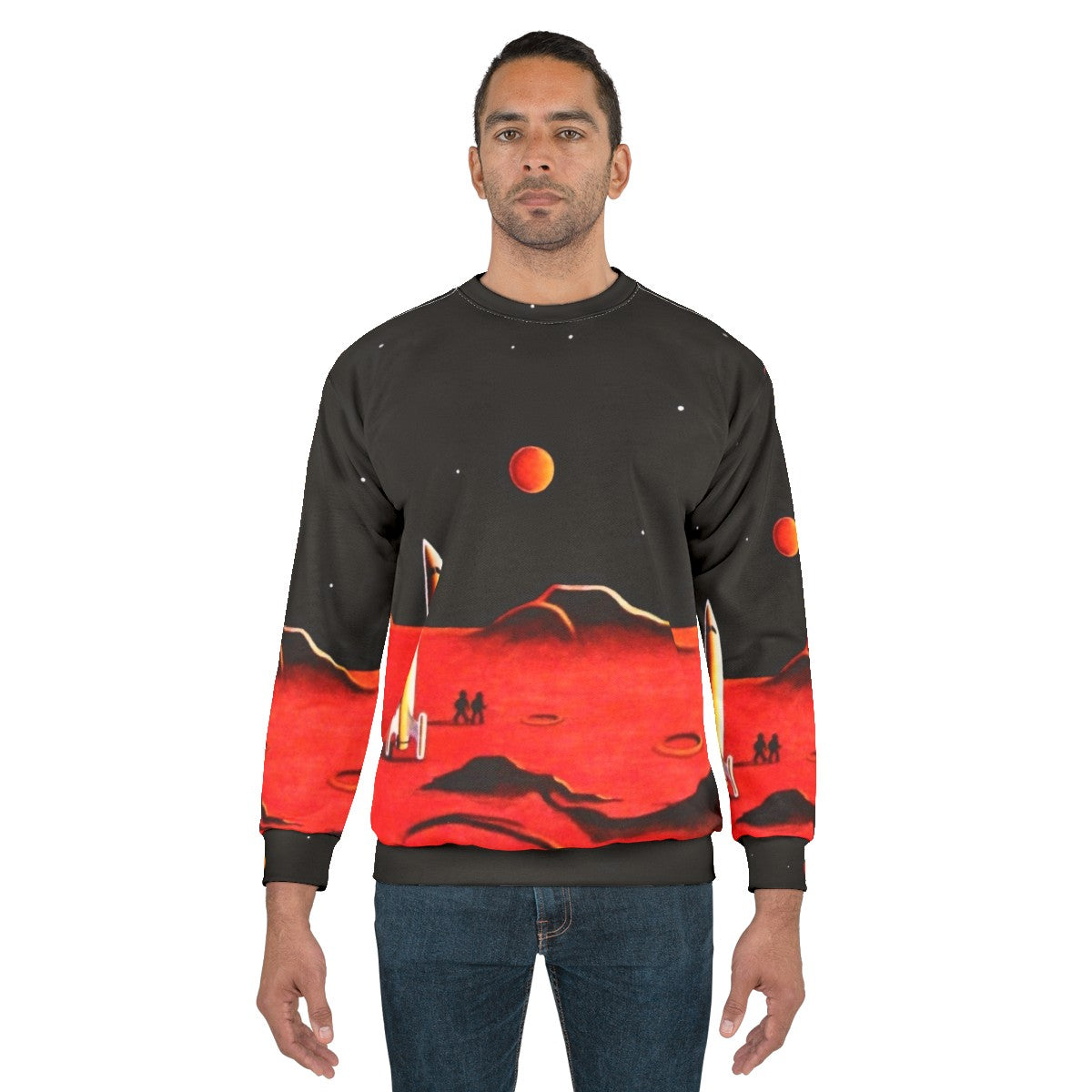 Retro-styled sweatshirt featuring a futuristic city on the planet Mars - men