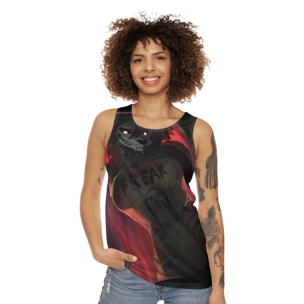 SCP-1471 Unisex Tank Top featuring a werewolf or skull dog design - women