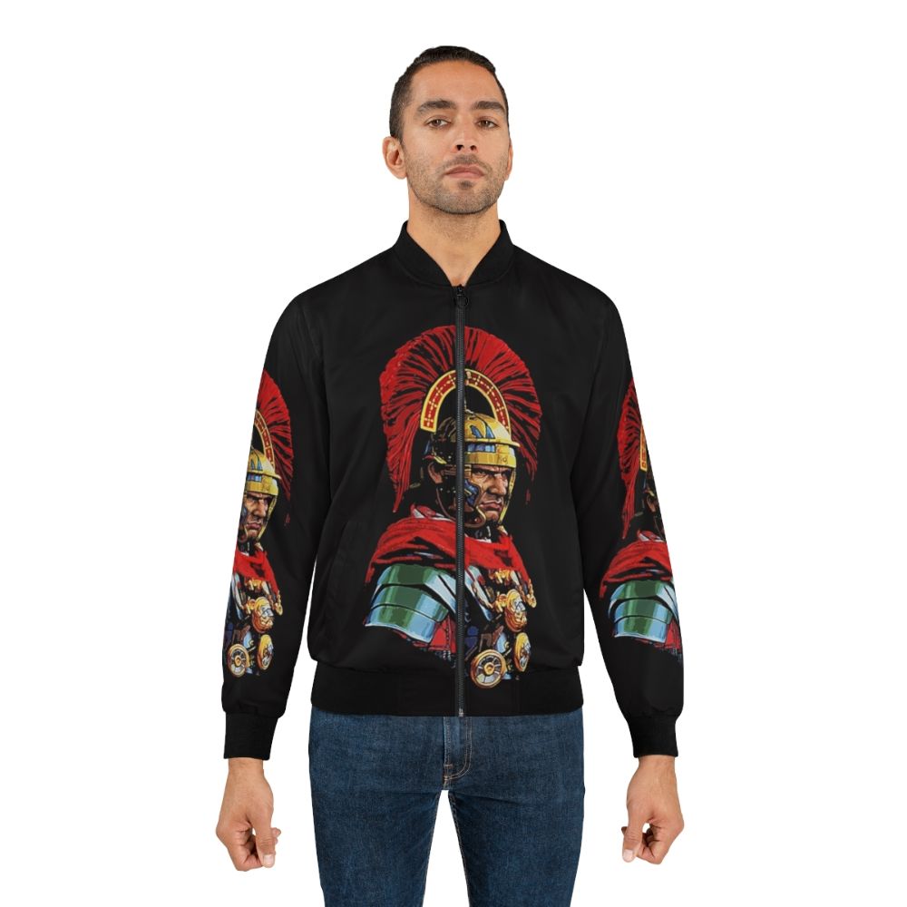 Model wearing a bomber jacket featuring a portrait of a Roman centurion - Lifestyle