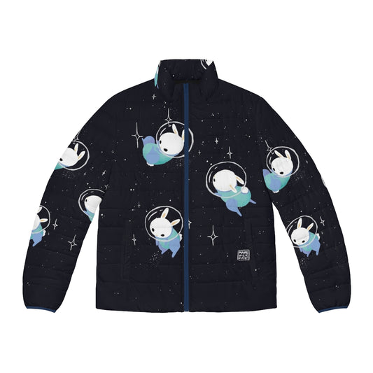 Cute space cat wearing a puffer jacket, focus keyword: space cat