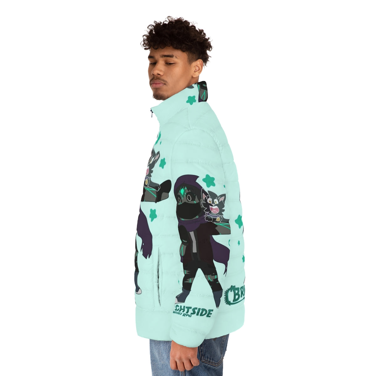 Chibi puffer jacket featuring superhero and villain designs - men side left