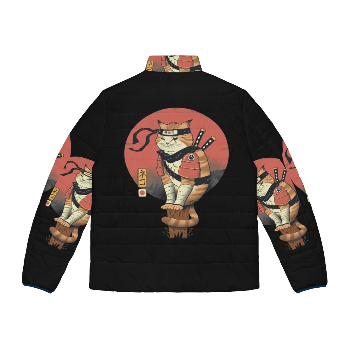 Shinobi cat wearing a puffer jacket in the style of traditional Japanese art - Back