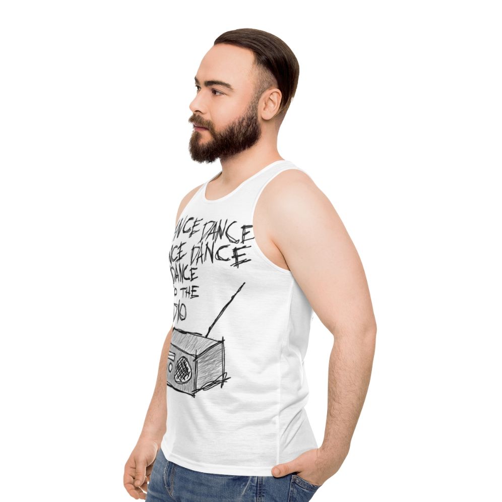 Unisex dance music tribute tank top featuring New Order and Joy Division - men side