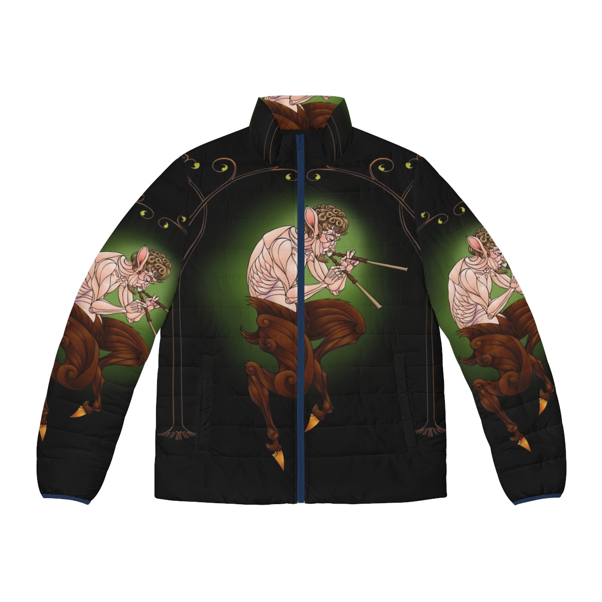 Faun-inspired puffer jacket with mythological design